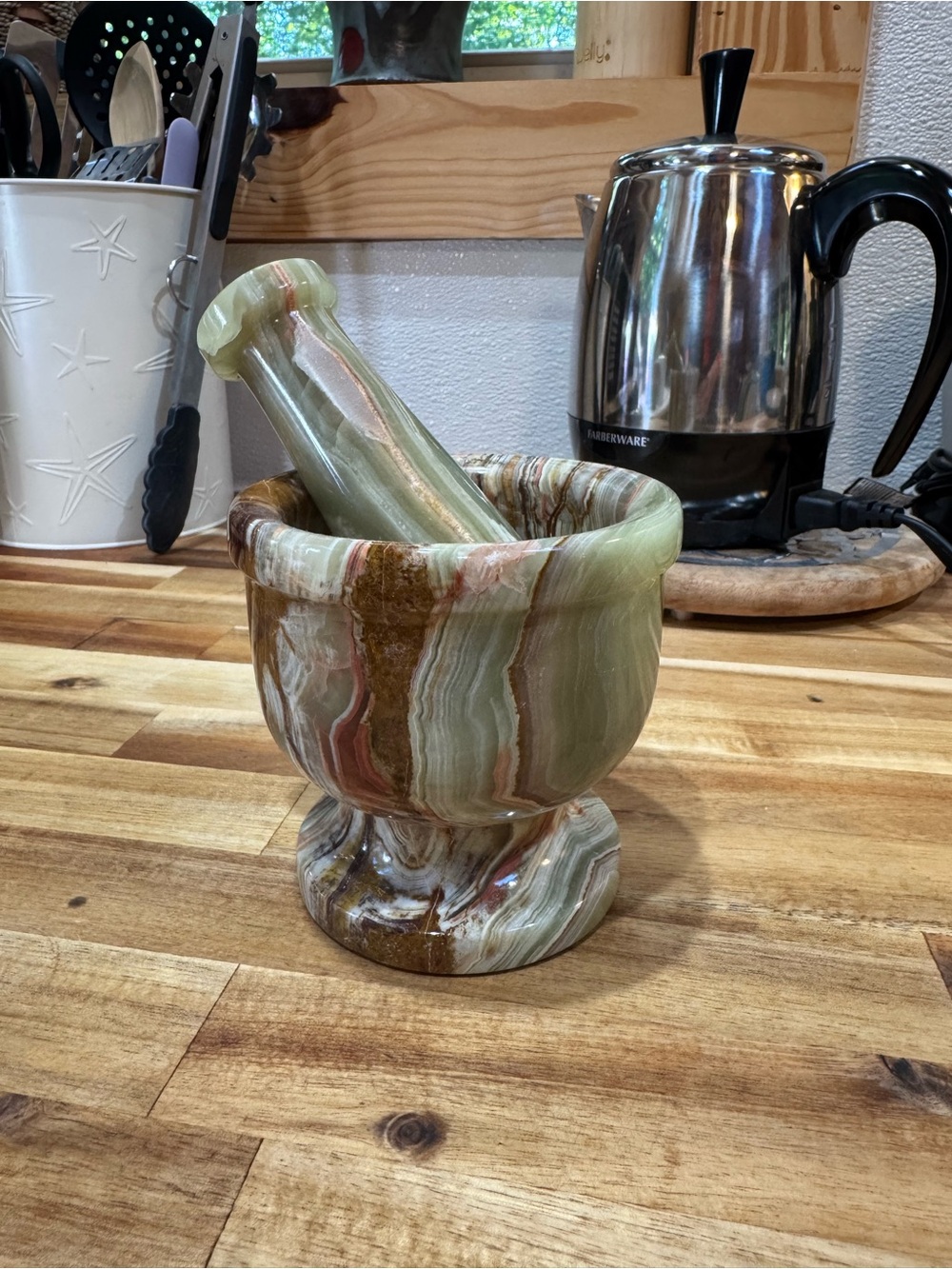 Green Onyx Decorative Mortar and Pestle - Polished Stone Sculpture